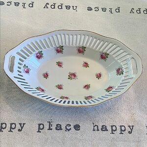 Vintage Floral Porcelain Basket with Pink Roses/ serving dish/Bavaria/ gold trim